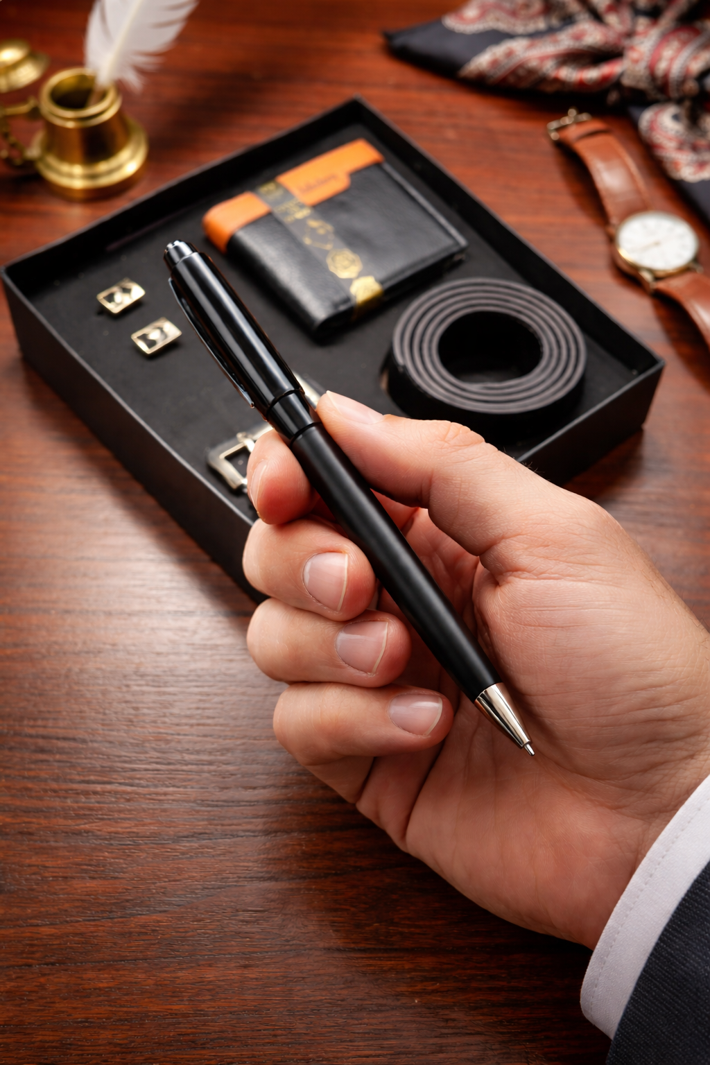 Premium 5-Piece Men’s Leather Gift Set – Wallet, Belt, Pen & Cufflinks