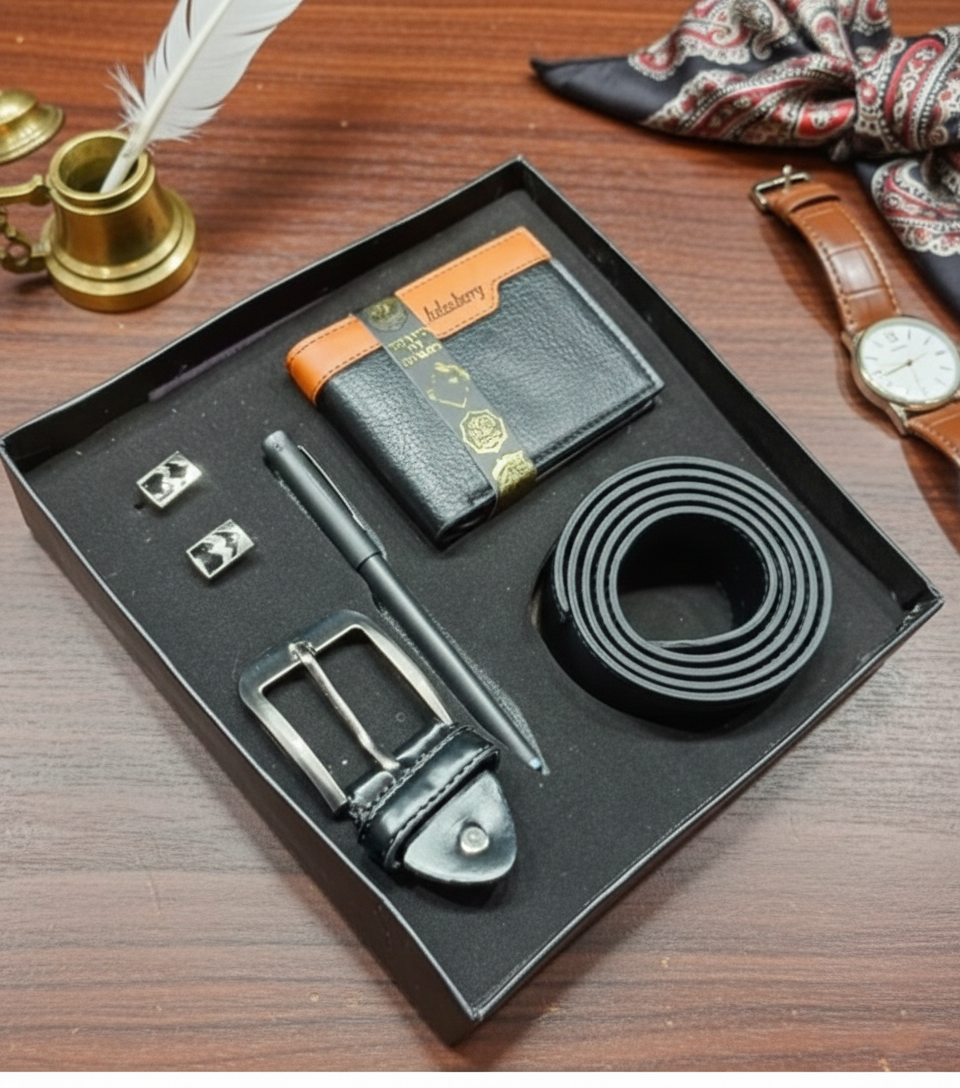 Premium 5-Piece Men’s Leather Gift Set – Wallet, Belt, Pen & Cufflinks