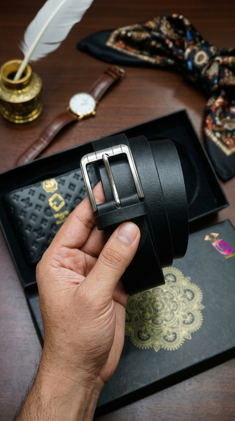 Luxury Men’s Leather Wallet & Belt Gift Set – Designer Pattern Edition