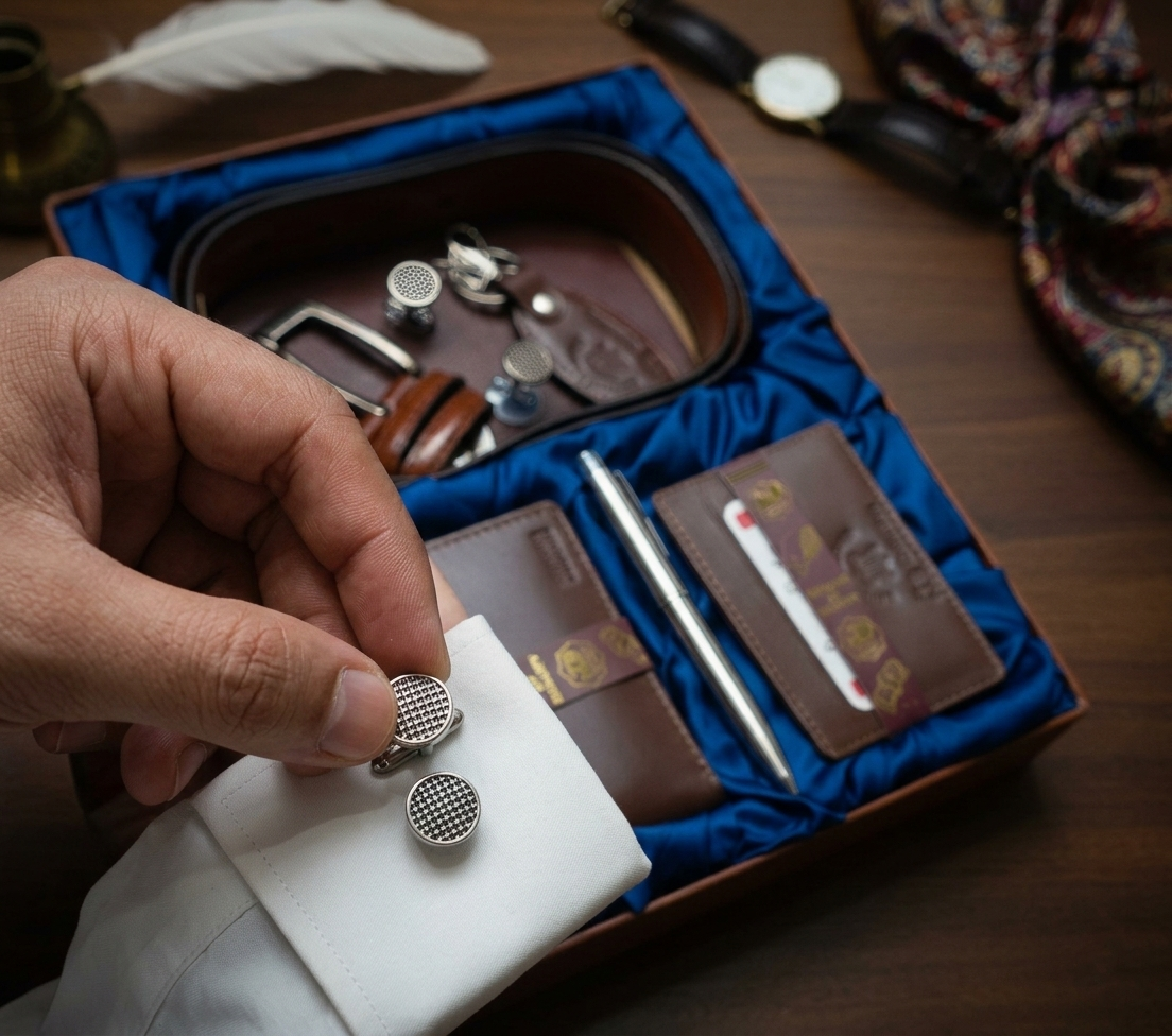 Luxury 6-Piece Men’s Leather Gift Set – Belt, Wallet, Card Holder, Pen & Cufflinks