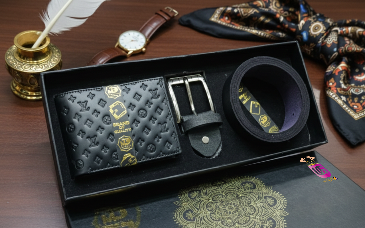 Luxury Men’s Leather Wallet & Belt Gift Set – Designer Pattern Edition